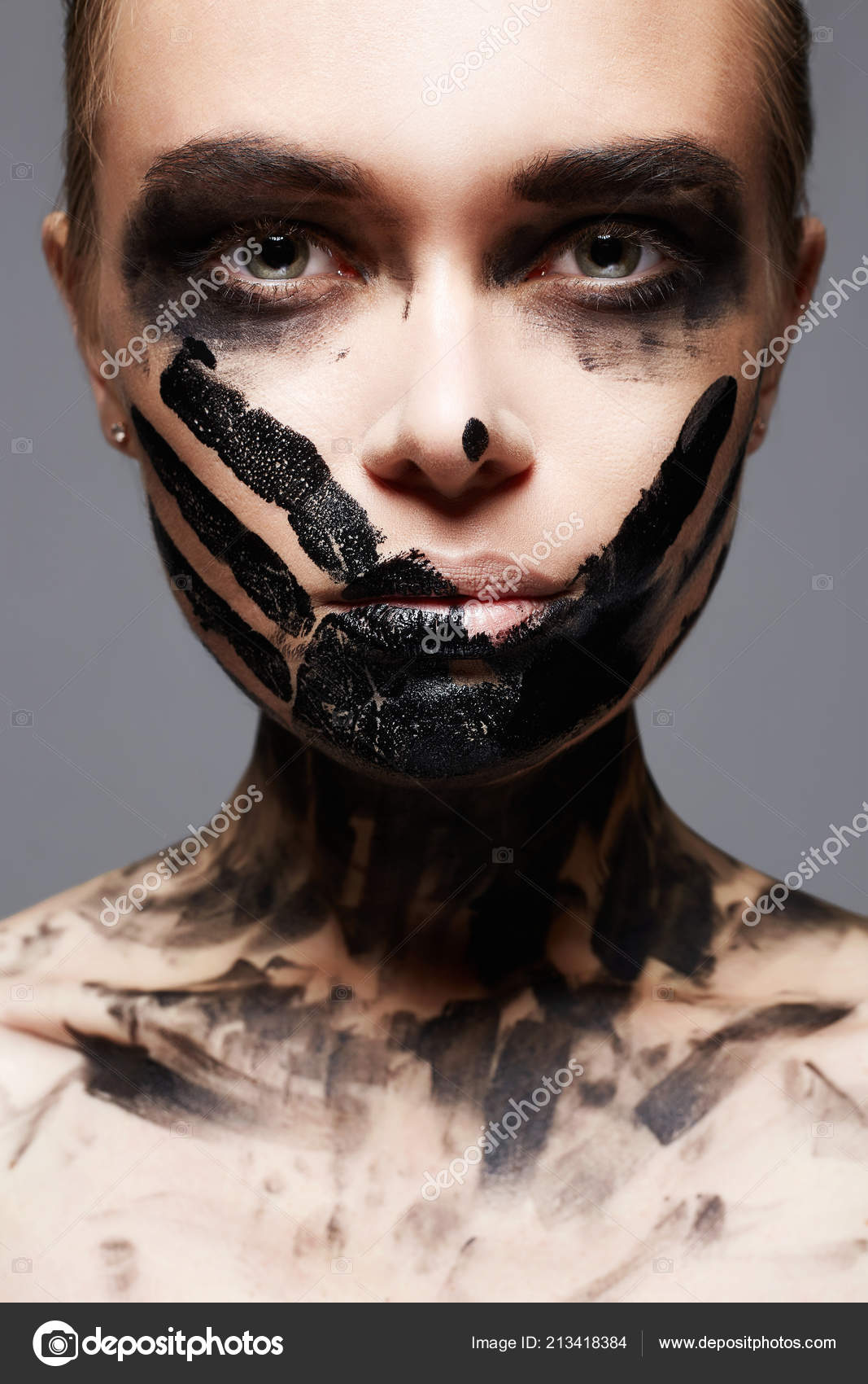 Beautiful Young Woman Dirty Paint Face Paint Face Body Girl Stock